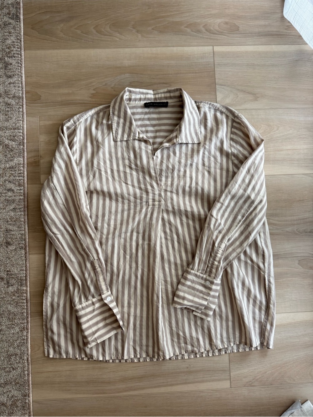Women’s Striped Button-Up Shirt in Beige and White